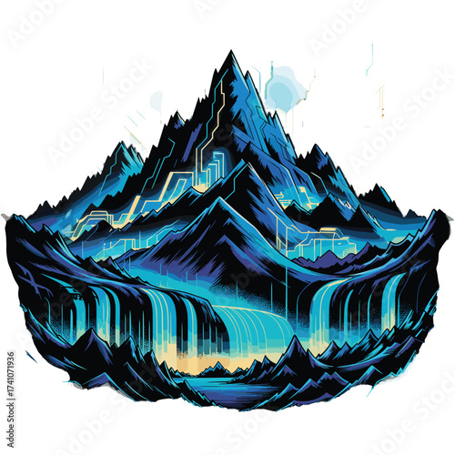 Futuristic mountain landscape, cascading digital waterfalls, glowing circuit board patterns, serene evening glow, technological T-shirt Design.