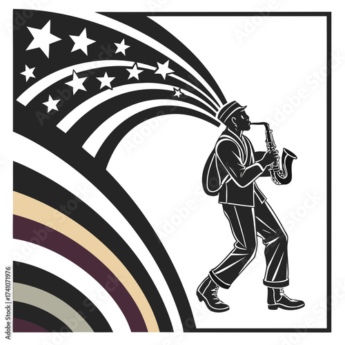 Black and white silhouette of a man playing saxophone with stars and arcs