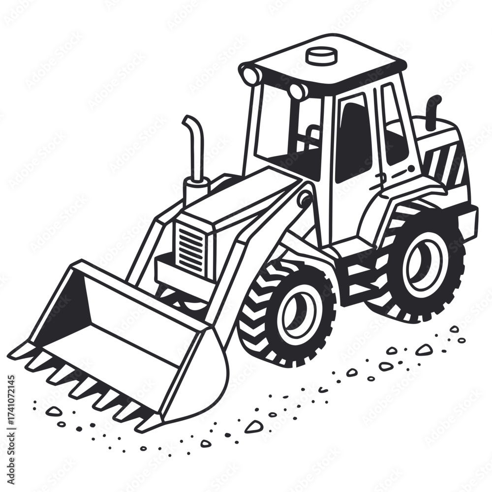 Fototapeta premium Black and white vector illustration of a front loader tractor
