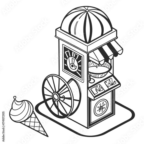 Black and white vector illustration of a cotton candy machine and ice cream cone