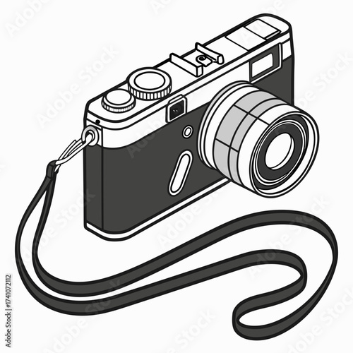 Black and white vector illustration of a digital camera with strap