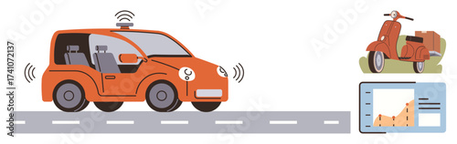 Self-driving car on roadway with sensors, retro scooter, data chart. Ideal for technology, AI, transportation, urban mobility, innovation analytics future trends. Simple flat metaphor
