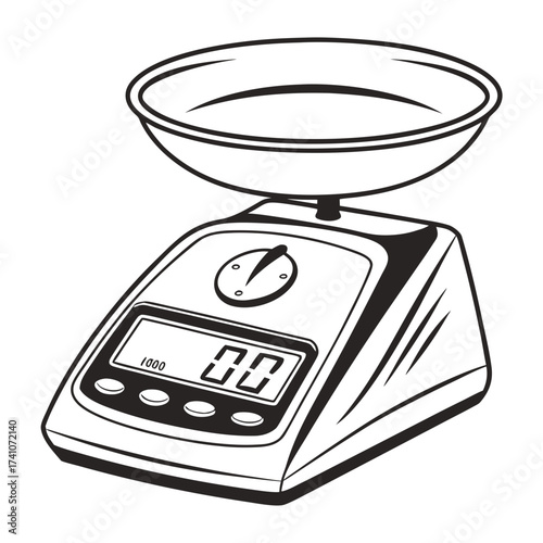 Black and white vector illustration of a digital weighing scale