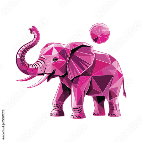 Geometric elephant with facets in shades of pink. Stylized animal for T-shirt Design, modern wildlife illustration, polygonal art, safari projects.