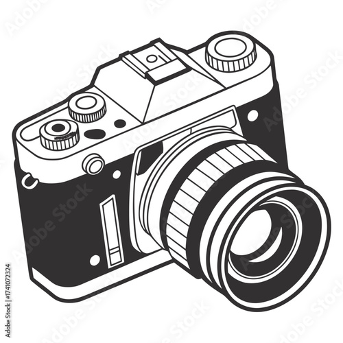 Black and white vector illustration of a vintage camera