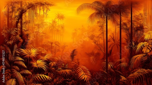 Lush tropical jungle landscape illustration in shades of orange and yellow