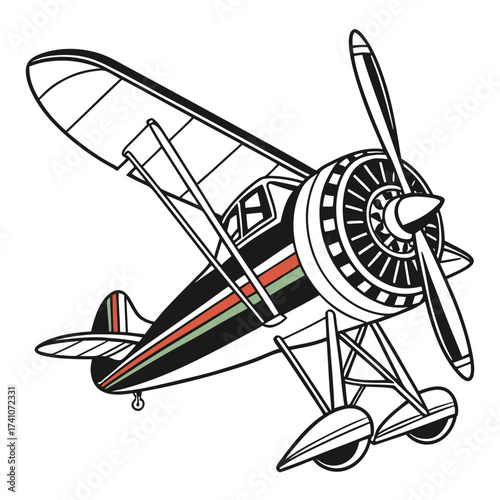 Black and white vector illustration of a vintage biplane