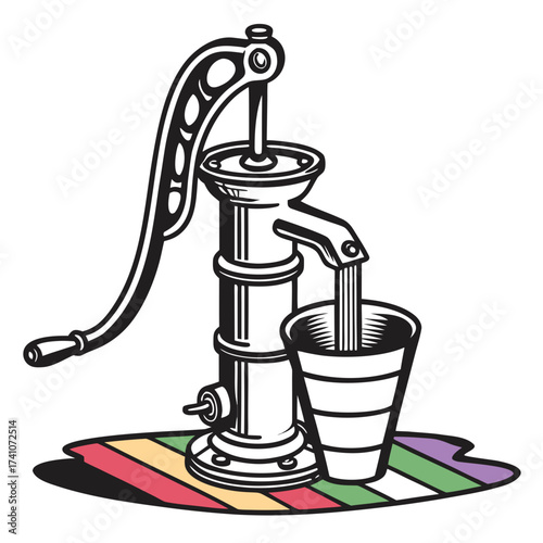 Black and white water pump filling cup on colorful mat