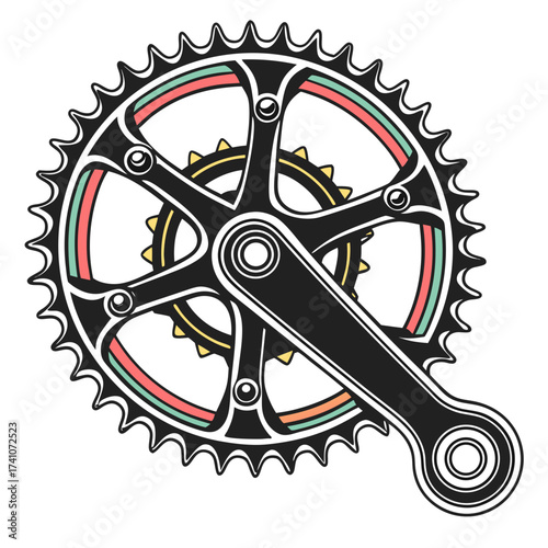 Black bicycle crankset with colorful accents on white