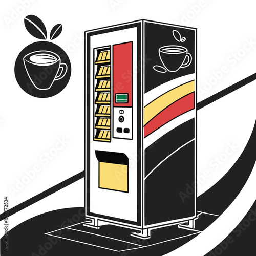 Black coffee vending machine with red yellow stripes