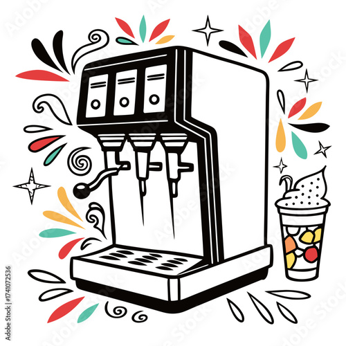 Black coffee machine with colorful abstract elements and drink