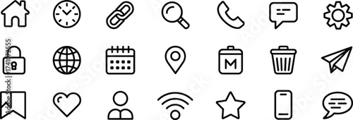 User interface icon set, black line symbols, minimal UI elements, web design, mobile app, communication, navigation, technology, digital tools