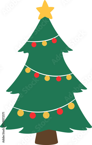 Green Christmas Trees with Ornaments and Star flat Vector Illustration.
Cartoon Christmas Tree Decorated with Lights.
Transparent background. svg.