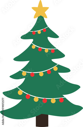 Green Christmas Trees with Ornaments and Star flat Vector Illustration.
Cartoon Christmas Tree Decorated with Lights.
Transparent background. svg.