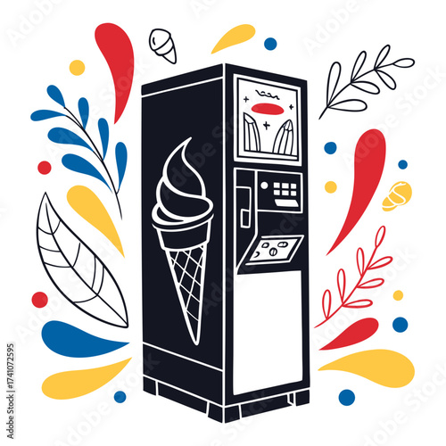 Black ice cream vending machine with abstract colorful elements