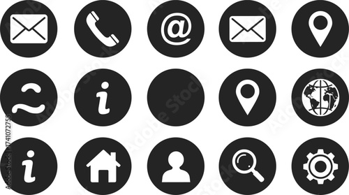 User interface icons, communication symbols, navigation elements, contact design set, vector asset, digital UI, website tools, mobile app, technology illustration