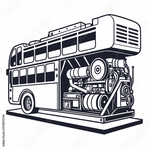 Bus engine and radiator machine illustration mechanical