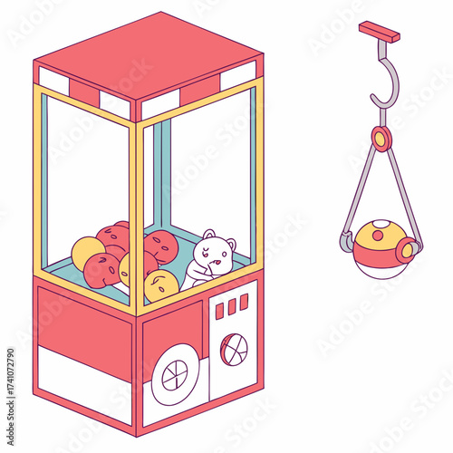 Cartoon claw machine with prizes and detached claw