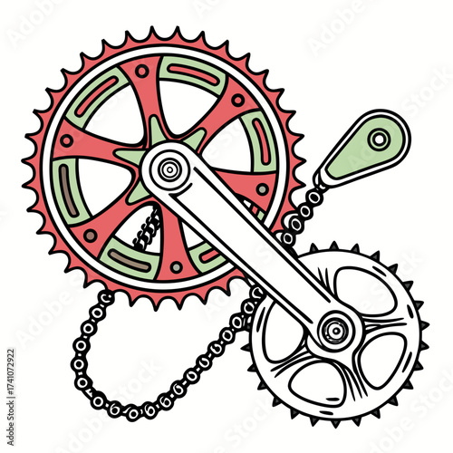 Colorful bicycle crankset and chain vector graphic 1