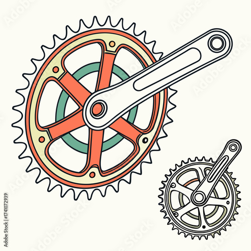 Colorful bicycle crankset and chainring vector art