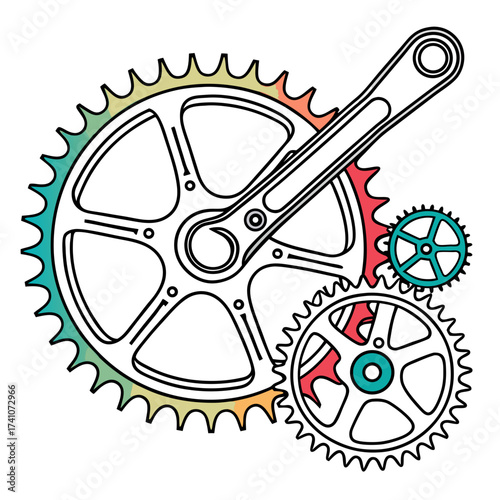 Colorful bicycle crankset and gears vector graphic