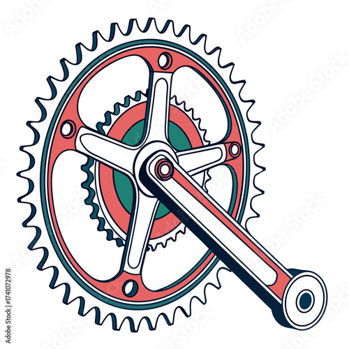 Colorful bicycle crankset vector graphic on white background