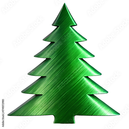 A stylized green christmas tree silhouette with a brushed metal texture, isolated on transparent background