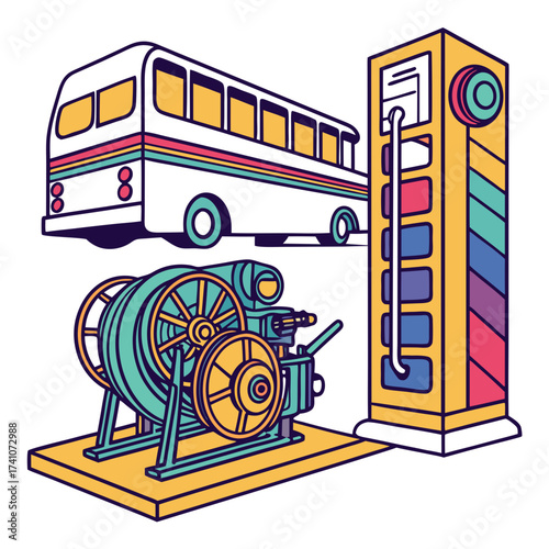 Colorful bus at gas station with engine and pump fuel pump