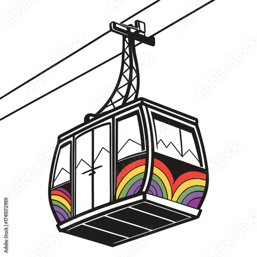 Colorful Cable Car with Rainbow Design on White Background