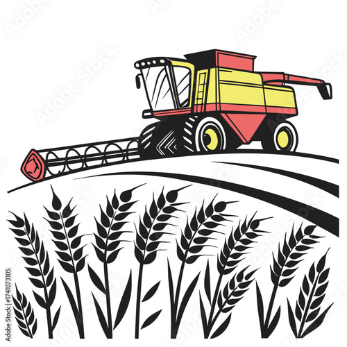 Colorful combine harvester in a wheat field vector