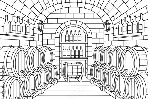wine cellar coloring page , barrels, bottles, stone arch, cellar shelves
