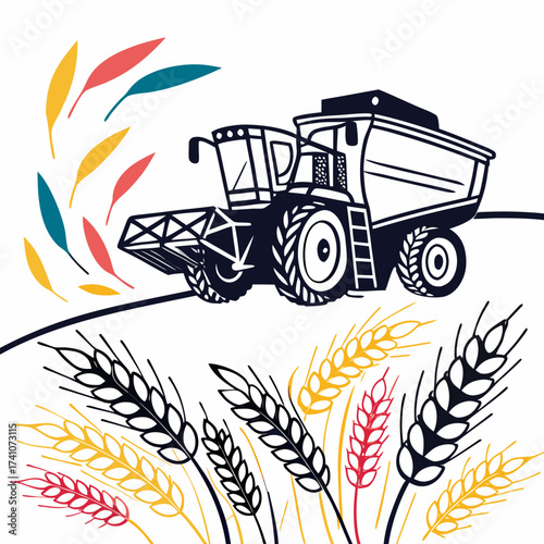 Colorful combine harvester and wheat stalks vector illustration
