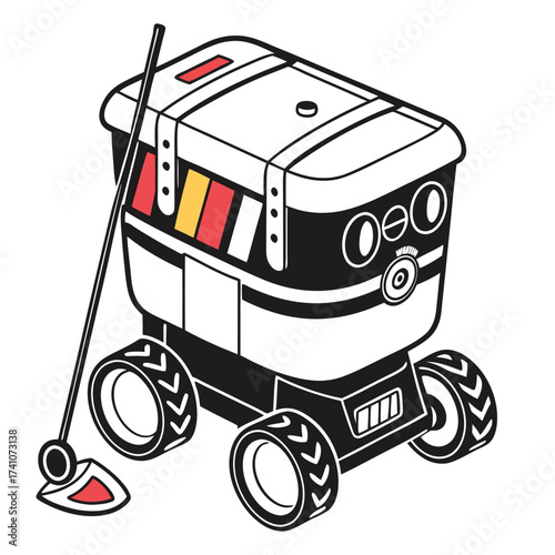 Colorful delivery robot with antenna and red accent