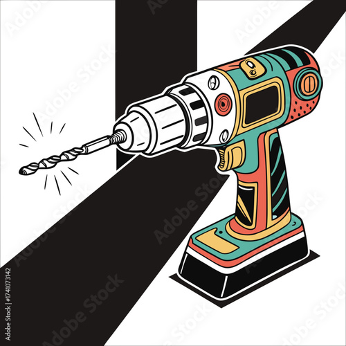 Colorful cordless drill with drill bit vector graphic