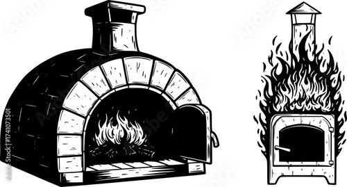vector clipart set of ovens with burning fire

