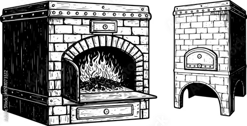 vector black and white ovens with fire
