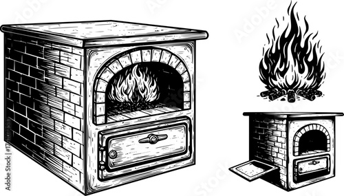 vector black and white ovens with fire
