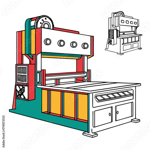 Colorful industrial paper cutting machine vector illustration