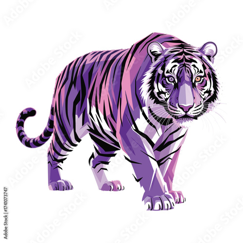 Purple tiger walking illustration suitable for T-shirt Design, stylized wild animal portrait, jungle predator, big cat artwork with an eye-catching color palette