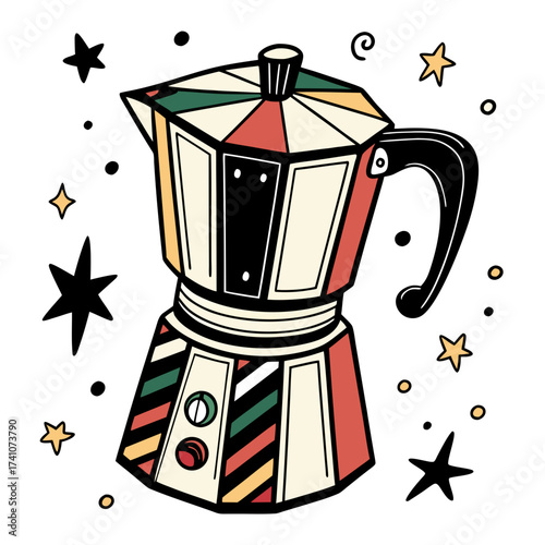 Colorful moka pot with stars and dots coffee maker