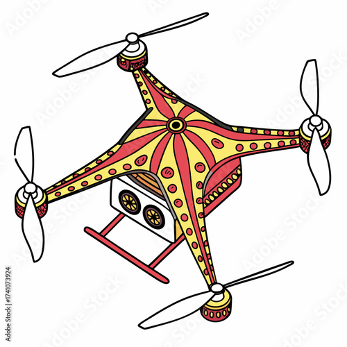 Colorful quadcopter drone with red and yellow patterns