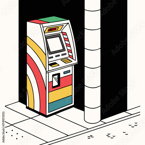 Colorful retro atm machine on sidewalk with black background