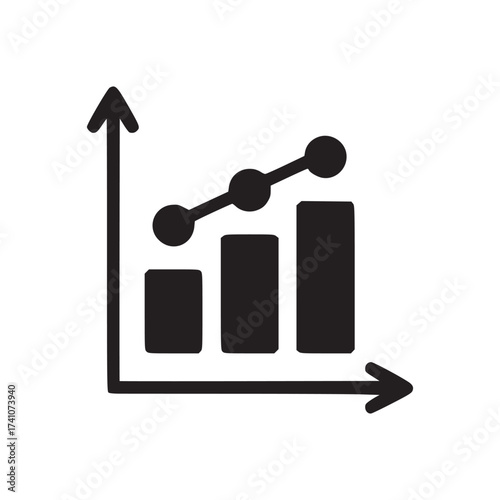 A simple dark blue icon showing a bar graph with an upward trending line on a plain white background