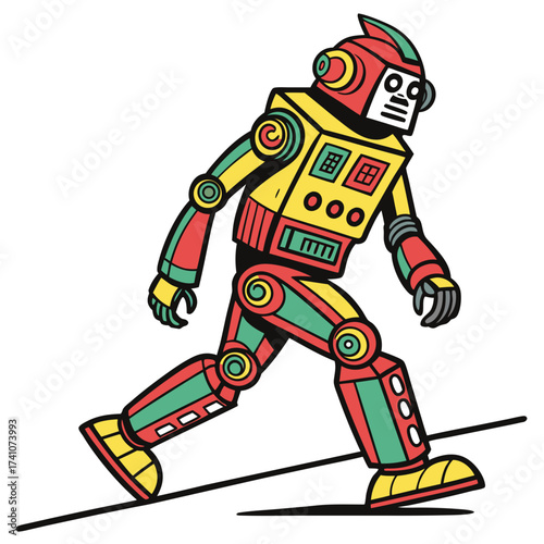 Colorful retro robot walking on a line android machine