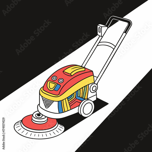 Colorful robotic cleaning machine on black and white background