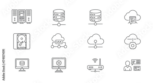 Data centers cloud computing and network infrastructure icon set illustration