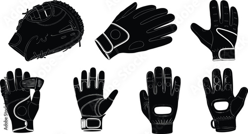 Black and white glove illustrations, sports gloves, catcher mitt, fingerless gloves, padded design, wrist strap, fitness gear, athletic handwear, comparison