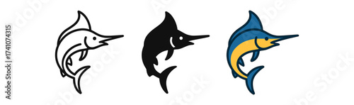 Swordfish design variations: outline, silhouette, and colorful marine art