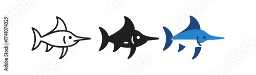Three stylized marlin fish icons in outline, solid, and color with minimalist design