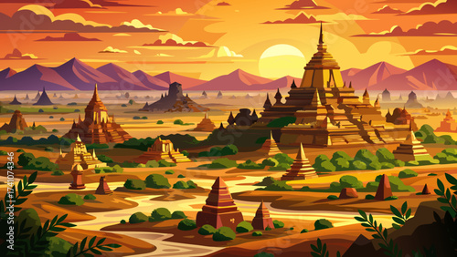 The Ruins of Bagan in Myanmar stretch across dry plains, dotted with thousands of ancient stupas and pagodas under golden light, forming an iconic cultural panorama for vector artworks.